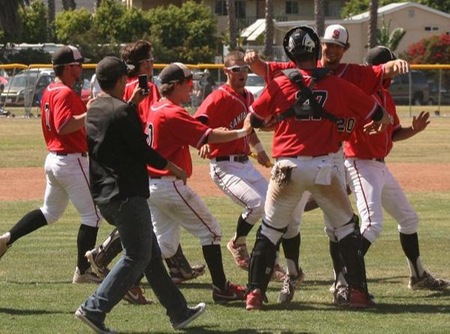 Reliever Lucas Benenati (right) celebrates Saturday's 8-1 win with catcher Paddy O'Brien. SBCC will face WSC North rival Oxnard in the Sectionals. (Photo by Jeanise Eaton)