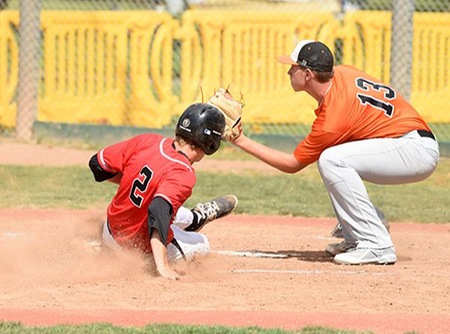 Reinhard "Matt" Lautz beats the tag from pitcher Austin Rubick to score from second base on a high chopper by Tyler Rosen in the third inning. (Photo by Ken Sciallo / Sevilla Photography)