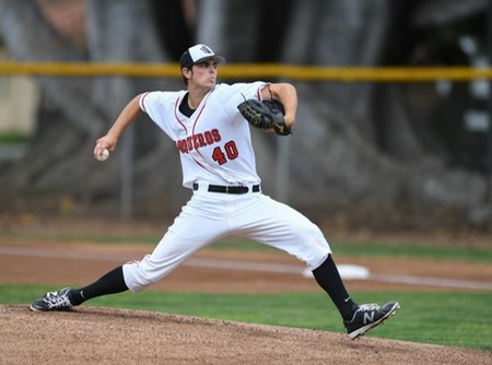 Jake McBride, a 6-5 freshman from Dos Pueblos High, gave up one unearned run in the last five innings to earn his first college victory. (File photo by Ken Sciallo/Sevilla Photography)
