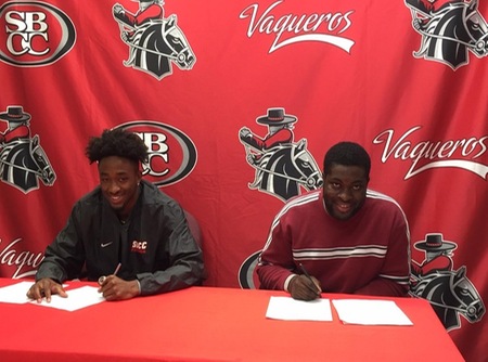 Nakota Shepard-Creer signed an NLI with Lamar University and Manny Nwosu is going to Ft. Lewis College in Colorado. (Photo by Dave Loveton/SBCC Sports Information)