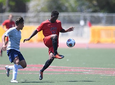 Sadiki Johnson registered his first college hat trick, scoring three consecutive goals in a span of 9:07 in the first half. (Photo by Ken Sciallo/Sevilla Photography)