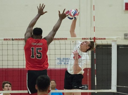Blake Lockhart, a 6-7 sophomore from Santa Ynez High, pounded a career-high 21 kills in the final home match of his career. (Photo by Ken Sciallo/Sevilla Photography)