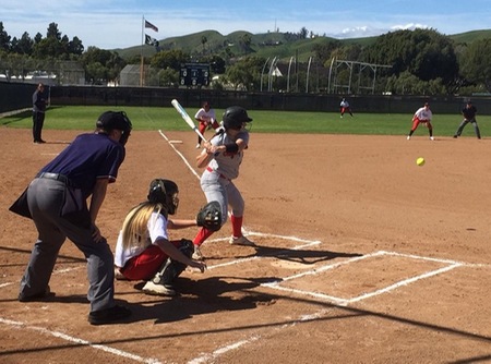 Shelby Featherston drove this pitch up the middle for an RBI single in the first. She's batting .368 and has a five-game hitting streak with a .500 average (8-16). (Photo by Dave Loveton/SBCC Sports Information)