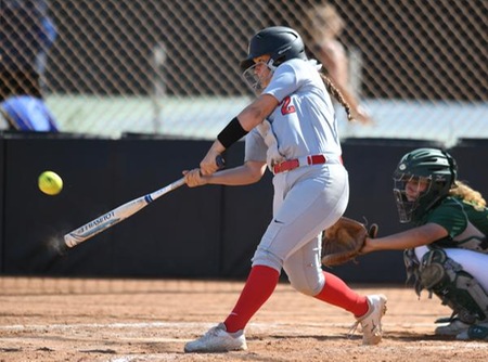 Shelby Featherston rips a 2-run homer in the fifth to give SBCC a 13-12 lead. (Photo by Ken Sciallo/Sevilla Photography)