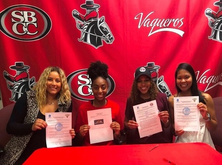 Aaliyah Pauling, left, and Lei Talaro, right, will play for La Verne next seasons. Meagan Moore, second from left, is going to San Diego Christian and Jennae Mayberry is heading to Centenary College in Louisiana.