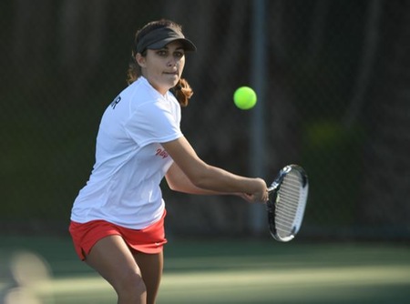 Maile Cornair, a freshman from Carlsbad, won her first singles match 6-2, 6-3. She also won at No. 3 doubles with Maddie Mitchell, 8-4. (Photo by Ken Sciallo/Sevilla Photography)