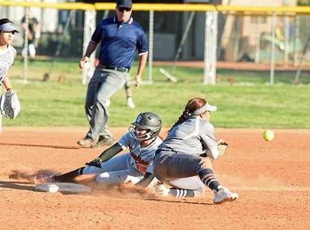 Chloe Wells, a freshman outfielder from Dos Pueblos High, stole second with two outs in the seventh and scored the game-winning run on an infield error. (Photo by Ken Sciallo / Sevilla Photography)