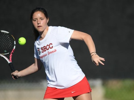 Victoria Dafos, a freshman from Malaga, Spain, had a perfect day, winning the No. 4 singles 6-0, 6-0 and No. 2 doubles, 8-0. (File photo by Ken Sciallo/Sevilla Photography)